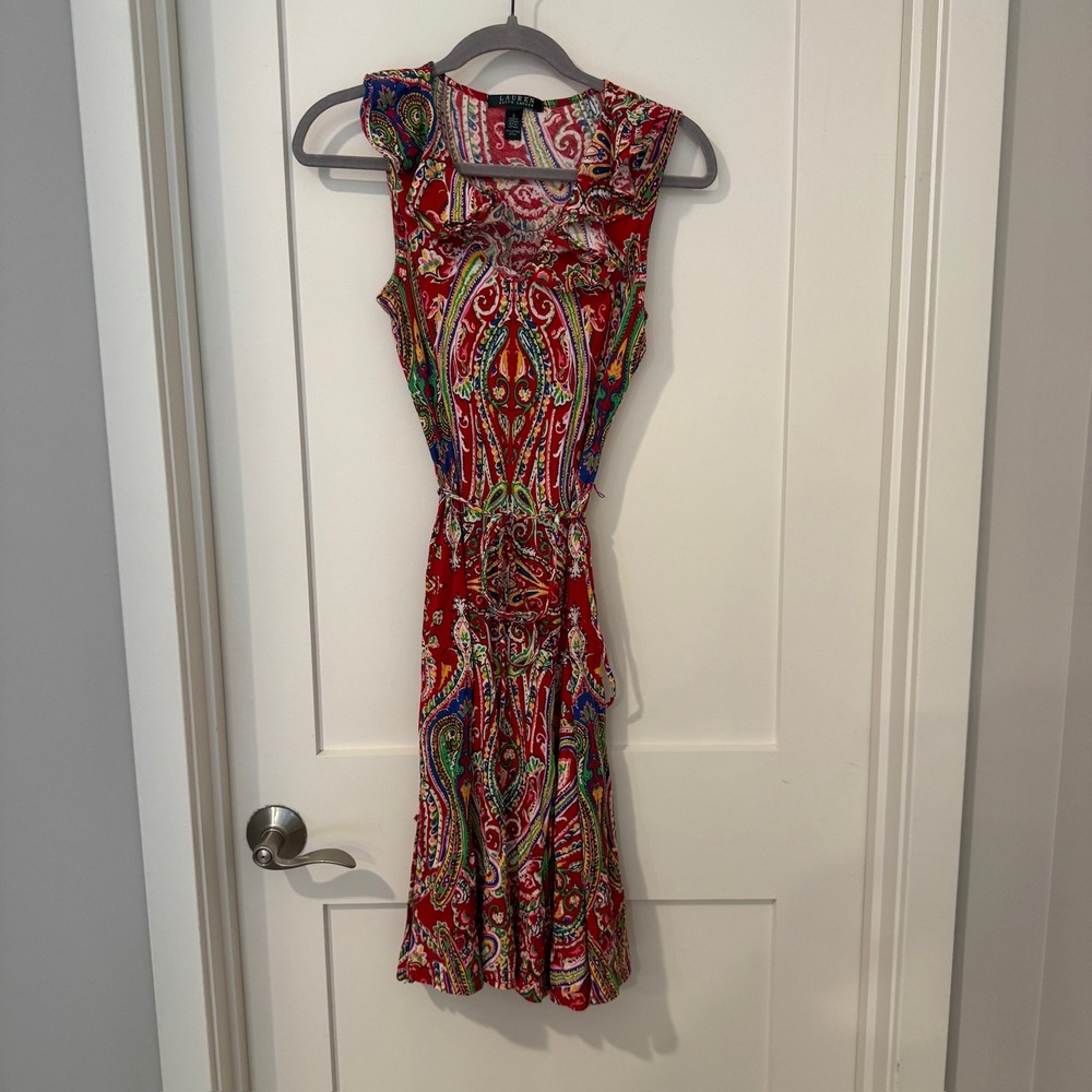 Lauren Ralph Lauren Red Paisley Ruffle V-Neck Cotton Sleeveless Belted Dress S